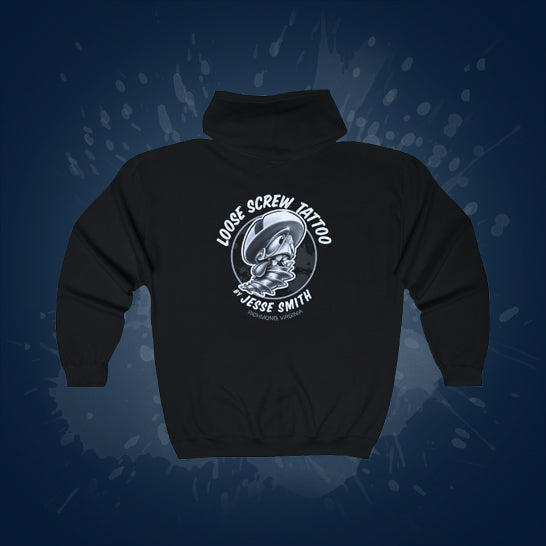 Loose Screw Tattoo Black Monochrome Zip-Up Hoodie